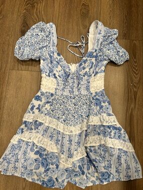 Altar’d State Blue & White Floral Lace-Up Mini Dress